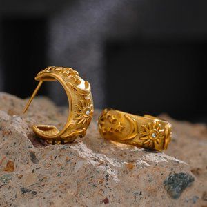 NEW Stainless Steel Hoop Earrings Moon Star Sun Round Circle Geometric Earrings